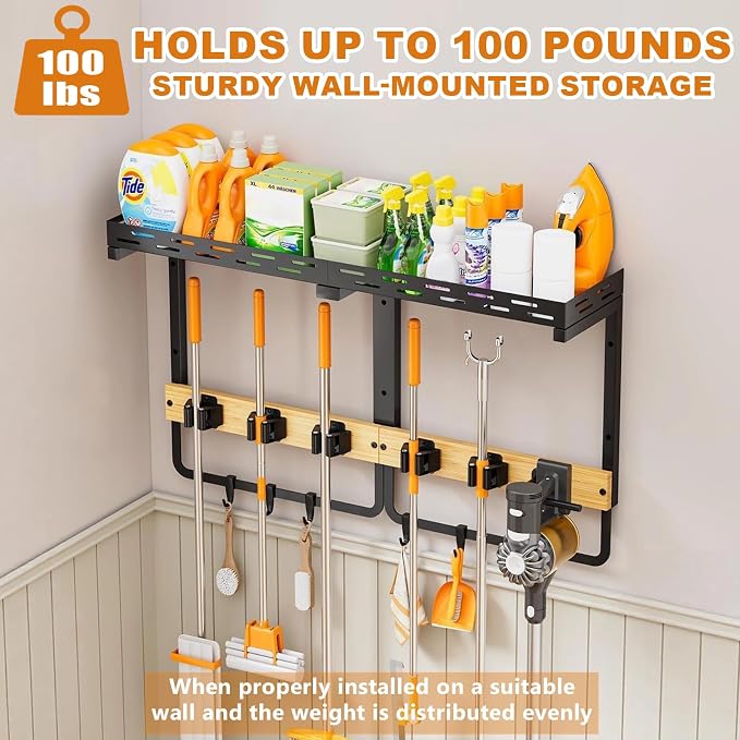 Large Broom Holder Wall Mount with Shelf, Mop Tool Organizer | 5 grippers, 6 hooks, vacuum slot, bamboo board, spray bottle tray, garage utility use