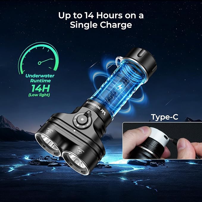 Wurkkos DL05 6000LM Scuba Dive Light, 14H Long Runtime LED Underwater Flashlight, IPX8 Waterproof 100M Rechargeable Submersible Torch with Type-C, Handheld Tactical Light for Snorkeling, Night Diving