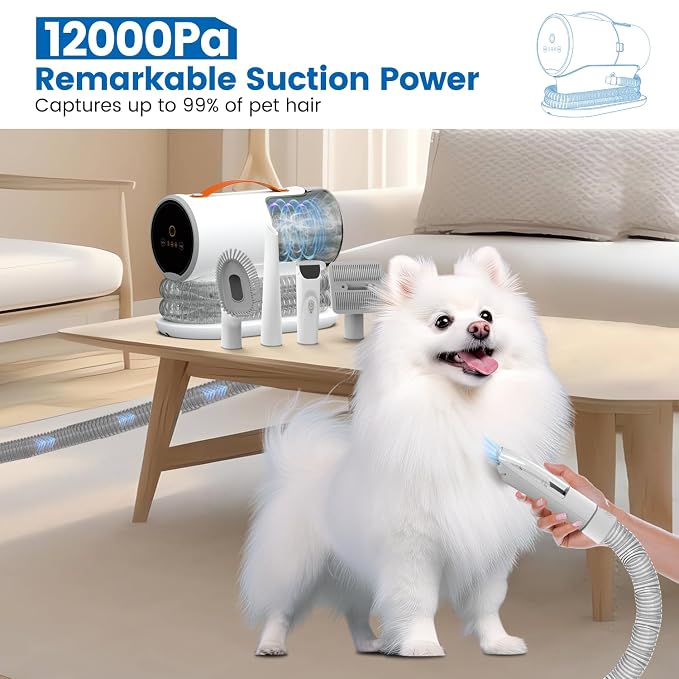 Dog Vacuum for Shedding Grooming, 12000Pa Suction Dog Grooming Kit, Pet Hair Vacuum with 4 Tools, 2L Dust Cup, 3 Levels
