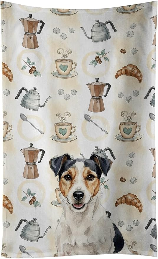 Caroline's Treasures Parson Russell Terrier Coffee Bar Kitchen Towel Velour Plush Front and Cotton Loop Back Machine Washable