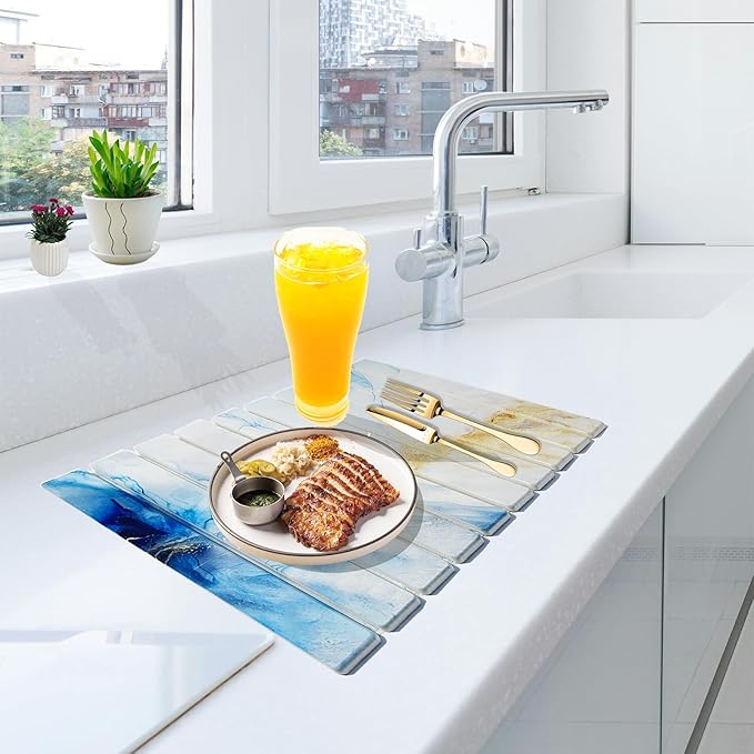 Stone Drying Mat for Kitchen Counter - Quick Dry Stone Dish Drying Mat, Large Non-Slip Stone Bath Mats for Bathroom & Kitchen Sink, Foldable Fast Drying Stone Sink Mat (blue gold)