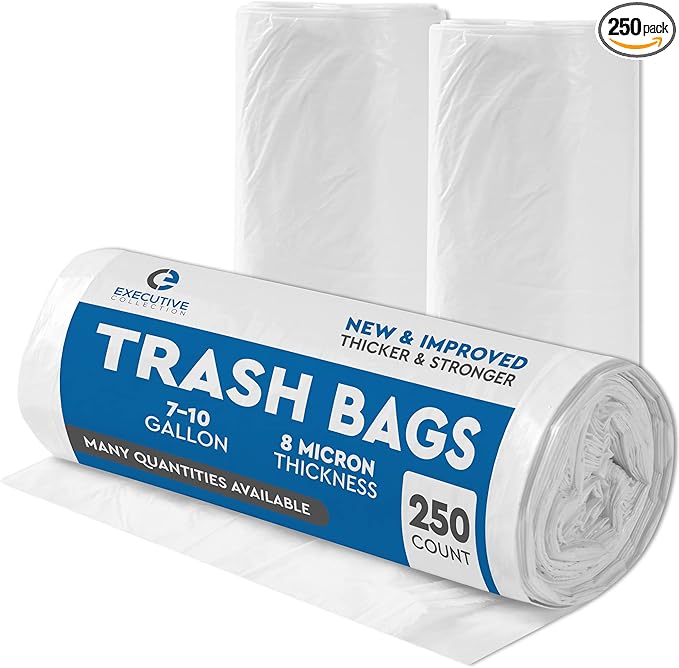 Clear 7-10 Gallon Trash Bags, Bulk Pack - Medium Size Garbage Bin Liners for Office, Bedroom and Kitchen Wastebasket Cans - by Executive Collection (250 Bags)