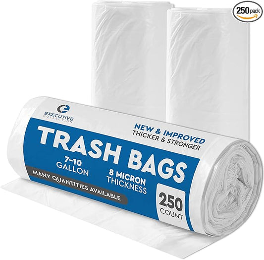 Clear 7-10 Gallon Trash Bags, Bulk Pack - Medium Size Garbage Bin Liners for Office, Bedroom and Kitchen Wastebasket Cans - by Executive Collection (250 Bags)