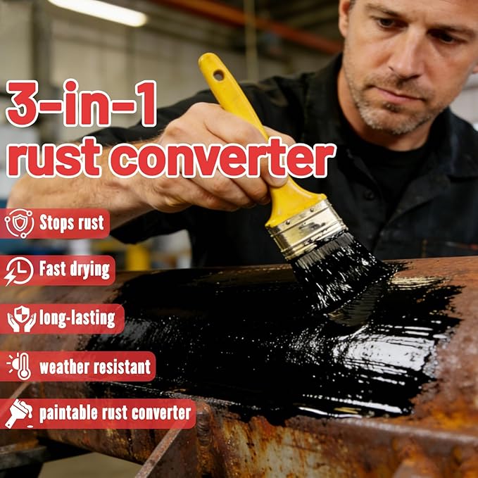 Rust Converter Paint for Metal, 3-in-1 Rust Reformer & Metal Primer, Paint Over Rust Metal, Anti-Rust Paint for Metal Fence, Trailer Frame, Automotive Parts, Black Rust Stop Coating – 35 oz
