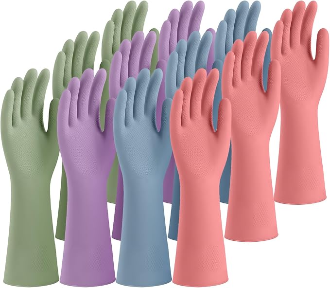 Rubber Cleaning Gloves for Dishwashing, 12 Pairs Reusable Kitchen Gloves for Washing Dishes and Household Cleaning, Colorful Gloves with Flocked Lining and Non-Slip Grip, Perfect for Women Men - S