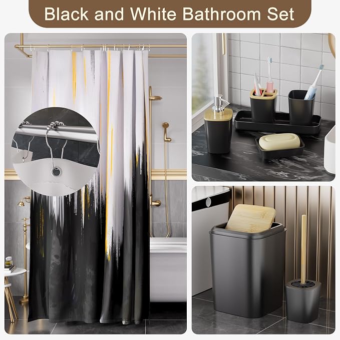 XLHOMO Black Bathroom Accessories Set - 24PCS Bathroom Sets with Shower Curtain and Rugs,Waterproof Black and White Shower Curtain Set, Toilet Brush, Trash Can & Soap Dispenser