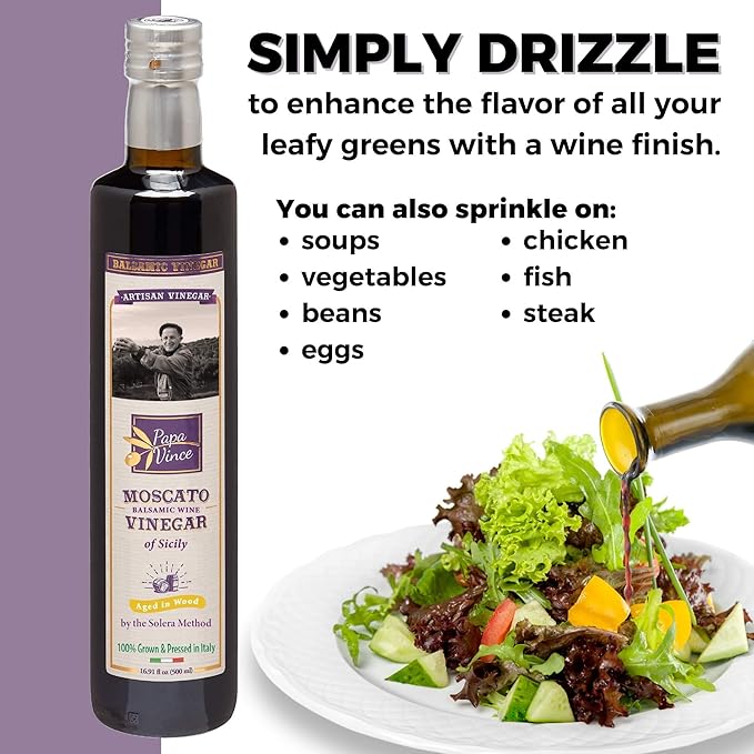 Papa Vince Aged Balsamic Vinegar - No Sugar, No Sulfites Added, No Pesticides. Made from freshly crushed whole grapes grown in Sicily, Italy, Minimally Processed, Delish subtle wine finish