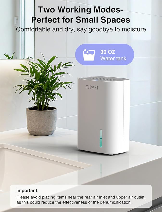 CLEVAST Small Dehumidifier for Home, 30oz Compact Mini Dehumidifier with Auto Shut-Off, Quiet 24dB Portable Air Dehumidifier for Bathroom, Bedroom, Closet, Camper