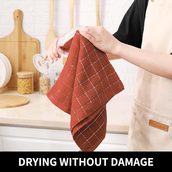 Homaxy Kitchen Towels and Dishcloths Set, 12 x 12 and 13 x 28 Inches, Set of 16 Bulk Cotton Terry Kitchen Towels Set, Checkered Designed, Soft and Super Absorbent Dish Towels, Rust