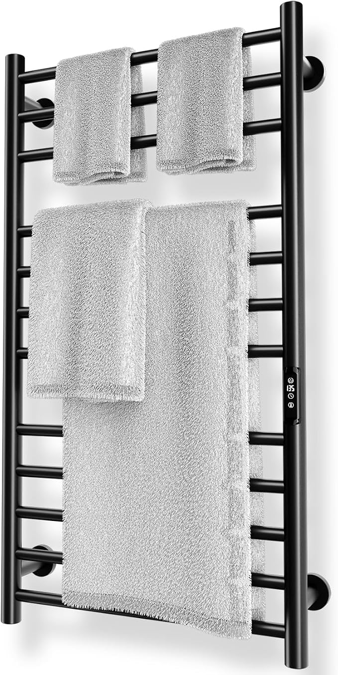 Poloma Towel Warmer Rack for Bathrooms, Heated Towel Rack Wall Mounted, Towel Heater, Towel Dryer, Stainless Steel, 12Bars, Black.