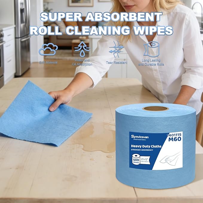 Jumbo Roll Industrial Cleaning Wipes, Super Absorbent Heavy Duty Cloths, Blue (1 Roll of 500 Sheets, 12"x 8" Each Sheet)