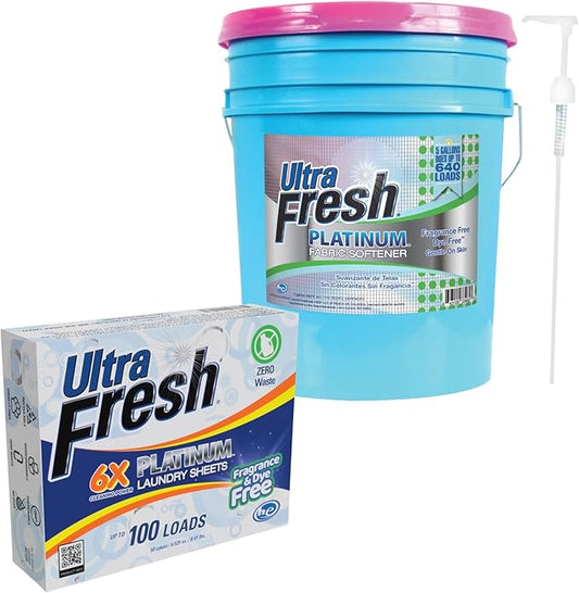 Ultra Fresh Platinum Fragrance & Dye Free Fabric Softener Up to 640 Loads Bundled with Platinum 6X Laundry Detergent Sheets with Fragrance & Dye Free