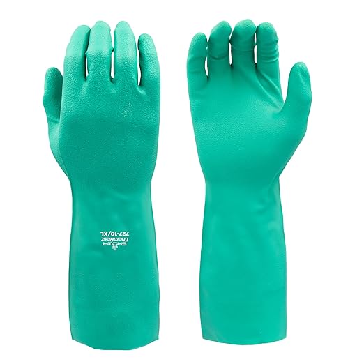 SHOWA 727 Chemical Resistant Gloves, 15-mil Unsupported Nitrile, 13-inch Extended Gauntlet, Bisque Grip, CE Cat III & Food Safe, Latex-Free, Green, Medium, Vending Pack, 12-Pack