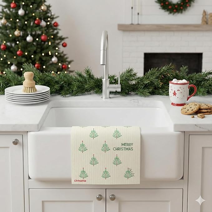 Christmas Holiday Swedish Dishcloth, Reusable Paper Towel, Super Absorbent Cellulose Sponge, Washable Kitchen Cleaning Cloth (Winter Evergreens - 1 Pack)