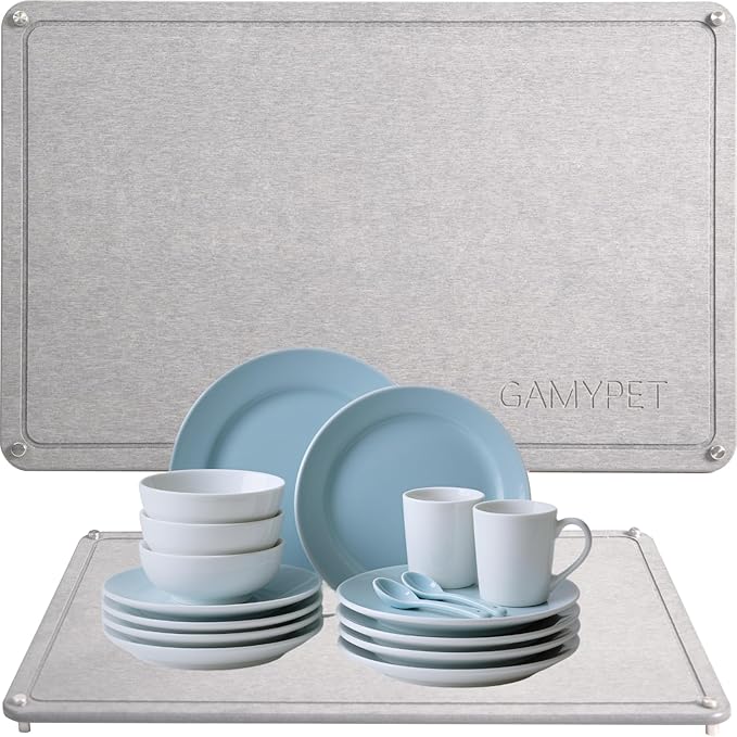 Stone Dish Drying Mat 24"×16" Large Diatomaceous Earth Dishes Quick Dry Pad for Kitchen Counter with Heighten Stainless Steel Feet, Fits Various Countertops & Drain Bowl Racks, Light Gray