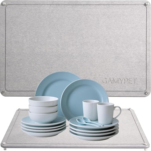 Stone Dish Drying Mat 24"×16" Large Diatomaceous Earth Dishes Quick Dry Pad for Kitchen Counter with Heighten Stainless Steel Feet, Fits Various Countertops & Drain Bowl Racks, Light Gray