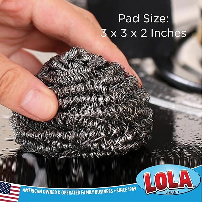 Stainless Steel Wool Scourer -Jumbo Sized- 35 Grams, by LOLA, Curled Flat Wire, Cleans Caked On & Baked On Messes on Cookware, 1 Pack
