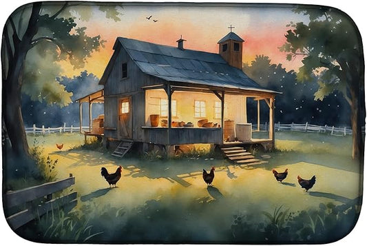 Caroline's Treasures Chicken Coop at Dawn Dish Drying Mat Absorbent Dish Drying Mat Pad for Kitchen Counter Dish Drainer Mat for Countertop, 14 x 21", Multicolor