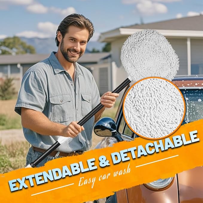 Car Wash Brush with Long Handle, Chenille Microfiber Car Wash Mop Kit, Scratch Free Car Cleaning Supplies with Ergonomic 15掳 Curved Extension Pole for RV Truck Boat Windshield - White