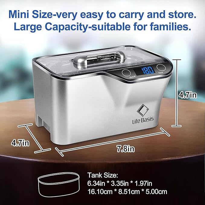LifeBasis Ultrasonic Cleaner, Professional 45kHz Ultrasonic Jewelry Cleaner 20 Ounces (600ML) with Digital Timer, Watch Holder Ultrasonic Glasses Cleaner for Rings, Coins, Watches, Dentures, Silver