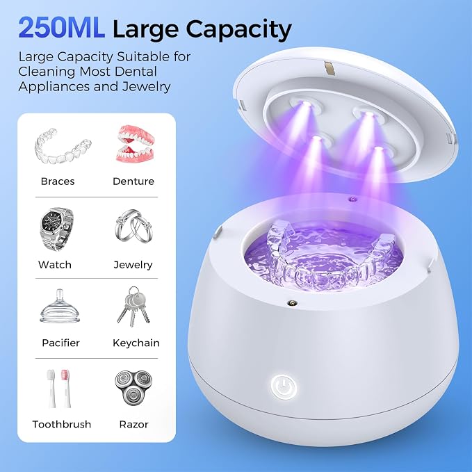 TEBAL Ultrasonic Retainer Cleaner Machine, 52kHz Ultrasonic Denture Cleaner for Night Guards, Braces, Aligner, Toothbrush, Jewelry and More, Dental Cleaning Pod with Digital Timer & 250ML, White