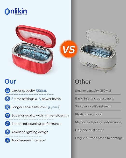 45KHz Ultrasonic Jewelry Cleaner, 5 Timer & 3 Power Modes, 35W Retainer Cleaner for Jewelry, Eyeglasses, Rings, Watch Strap, Dentures - Quiet <38dB, 20oz, 304 Stainless Steel (Red)