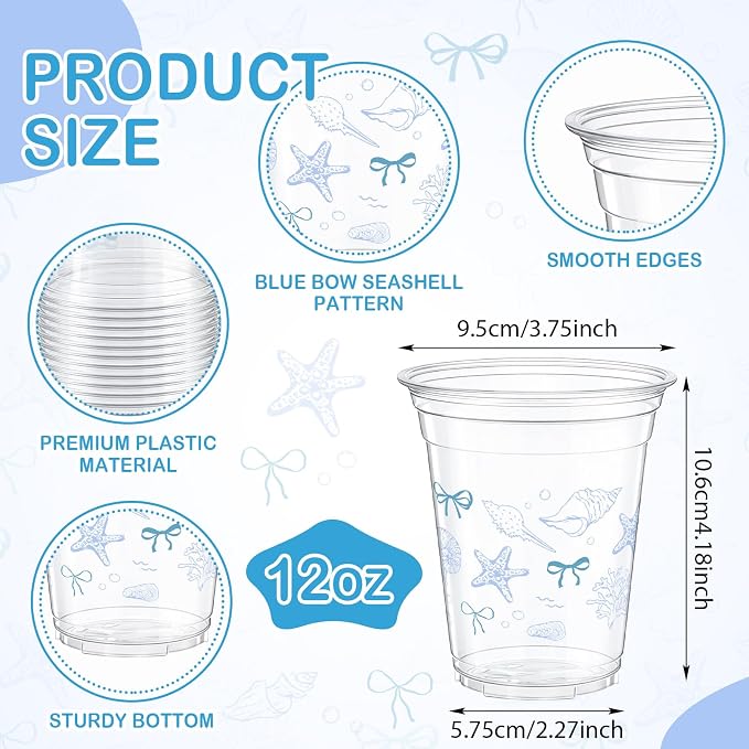 Tanlade 60 Pcs Ocean Party Plastic Cups 12 oz Blue Bow Seashell Starfish Seashell Coastal Nautical Sea Theme Disposable Cups for Baby Shower Summer Theme Birthday Wedding Party Supplies Decorations