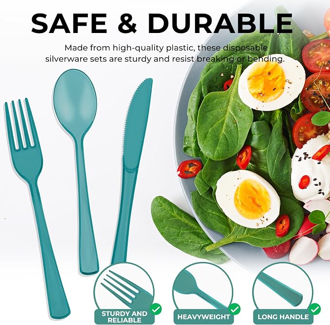 150 PCS Plastic Silverware Disposable Silverware Heavy Duty Utensil Sets 50 Of Each Forks Knives & Spoons Disposable Cutlery Set For Easter,Birthday,Baby Shower,Garden Party,Wedding(150,Green)