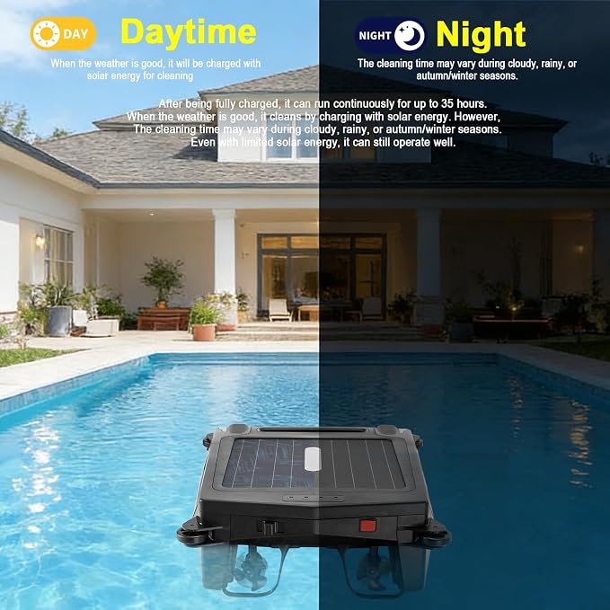 Solar Powered Robotic Pool Skimmer, Automatic Pool Surface Cleaner Robot with 24/7 Continuous Cleaning, App Control, Dual Charging, Ideal for Above Ground & In-Ground Pools (Black)
