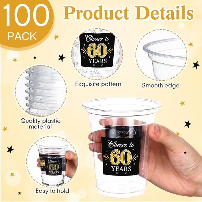 Funnymoom 100 Pack 60th Birthday Cup 12 oz Cheers to 60 Years Happy Birthday Disposable Clear Plastic Cups for Him Men Women Wedding Anniversary Decorations Party Favors