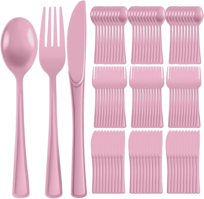 Plastic Silverware 300 PCS Disposable Silverware Heavy Duty Utensil Sets 100 Of Each Forks Knives & Spoons Disposable Cutlery Set For Easter,Birthday,Baby Shower,Garden Party,Wedding(300,Pink)