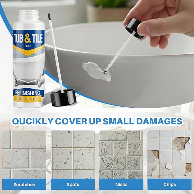 Tub and Tile Paint, 1.8 oz Bathtub Paint for Bathtub, White Touch Up Paint for Sink, Bathroom and Toilets, Water Based & Low Odor, Semi-Gloss white, 2.5-3sq.ft(No Need Part B)