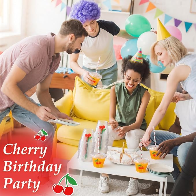 LemonRoad 100 Sets Cherry Disposable Plastic Cups Bulk with Lids Straws 9 oz Red Cherry Clear Plastic Cups Fruit Cold Beverage Drinking Container for Baby Shower Birthday Daily Holiday Party Supplies