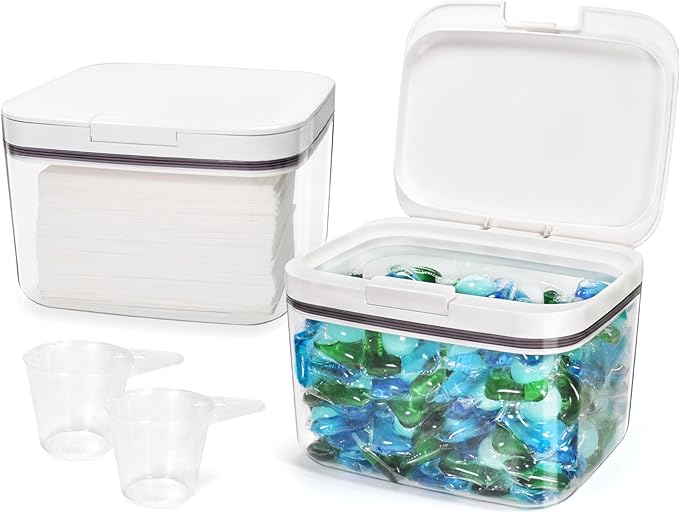 Pensino Laundry Pods Container Laundry Pod Holder with Lid, Laundry Room Storage Container for Detergent Pods Laundry Powder Scent Booster Container with Scoop (2 Pack)