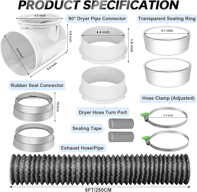 MOPHA 8FT Dryer Vent Hose for Tight Space, Indoor Dryer Hose Vent Kit with 6-Layer Duct Hose, 90 Degree Dryer Vent Elbow with Rubber Seal Connectors,Heat Resistant Dryer Exhaust Pipe,Easy Installation