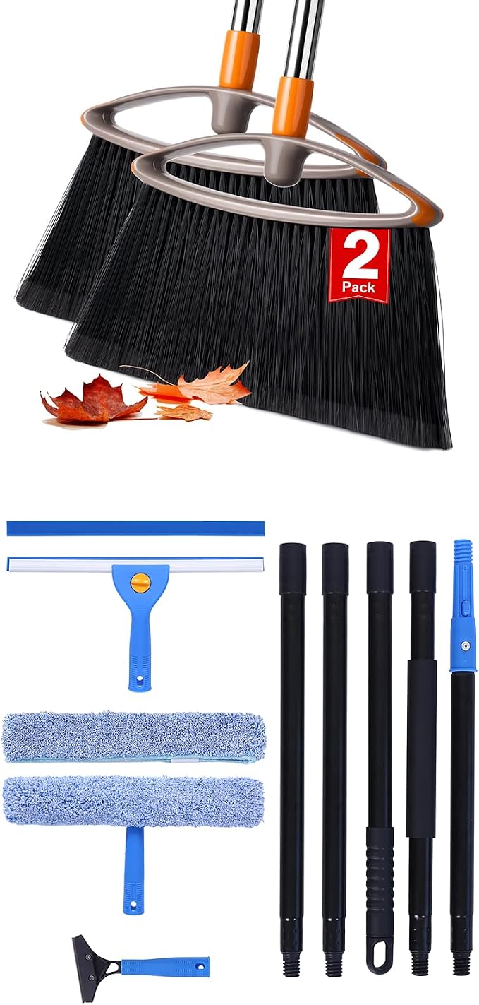 Home Cleaning Bundle: 2-Pack Heavy Duty Collapsible Broom for Pet Hair Indoor Outdoor Floors, 77.5" Professional Window Squeegee Kit with Extension Pole, 3-in-1 Scrubber for Glass Car Shower