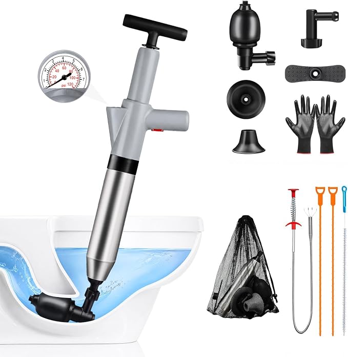 Fast Toilet Plunger High Pressure with Storage Bag, Heavy Duty Air Drain Blaster & Unclogger Tool, Clog Remover Kit & Toilet Snake Alternative for Bathroom, Toilets, Sinks, Tubs, Pipes (Gray)