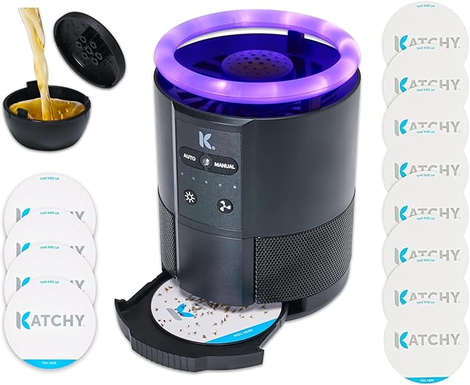 Katchy Duo Indoor Fruit Fly Trap (Black) & 8 Pack Refillable Glue Boards