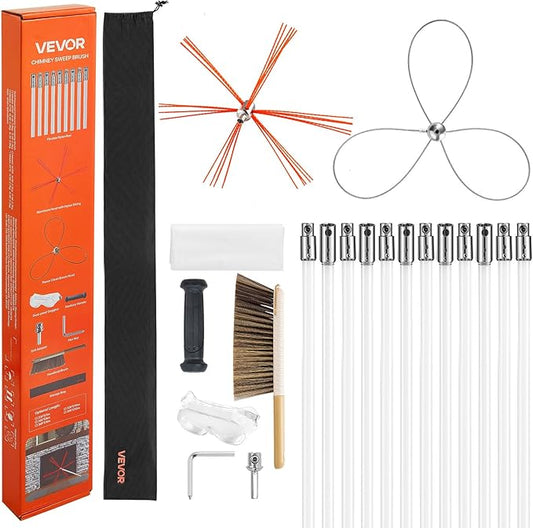 VEVOR Chimney Sweep Kit, 39 ft Maximum Extendable Length Chimney Brush, Chimney Cleaner Sweeper with Dual Brush Heads & Bristle Replacements, Fireplace Cleaning Tool for Square, Rectangle Chimneys