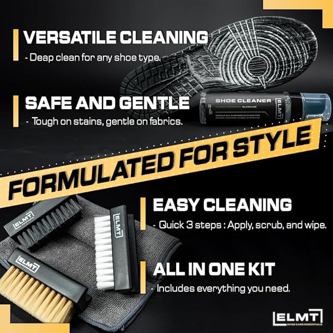 Blackline ELMT Shoe Cleaner Kit — Ideal Sneaker, Canvas, Mesh, Nubuck, Sheepskin, Leather, Suede Shoe Cleaner — US-Made, Safe, 10X Potent Shoe Cleaning Kit (8 oz Solution, 3 Brushes, Microfiber Towel)