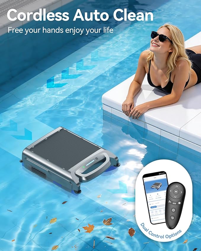 V1T Solar Pool Skimmer, Robotic Pool Surface Skimmer Cleaner with App Control, 7L Large Basket 24/7 Cleaning Smart Obstacle Avoidance Dual Charging Options Ideal for Above Ground Pool Blue