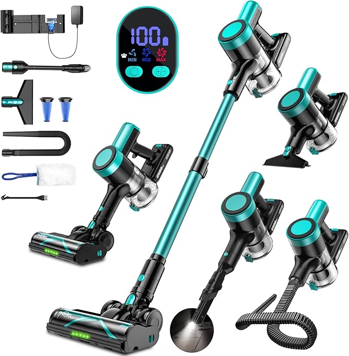 Cordless Vacuum Cleaner, 58Kpa 10 in 1 Vacuum Cleaners for Home, 55Mins Stick Vacuum with Self-Standing & LED Display, Anti-Tangle & Wall Mount Charging (Cyan)
