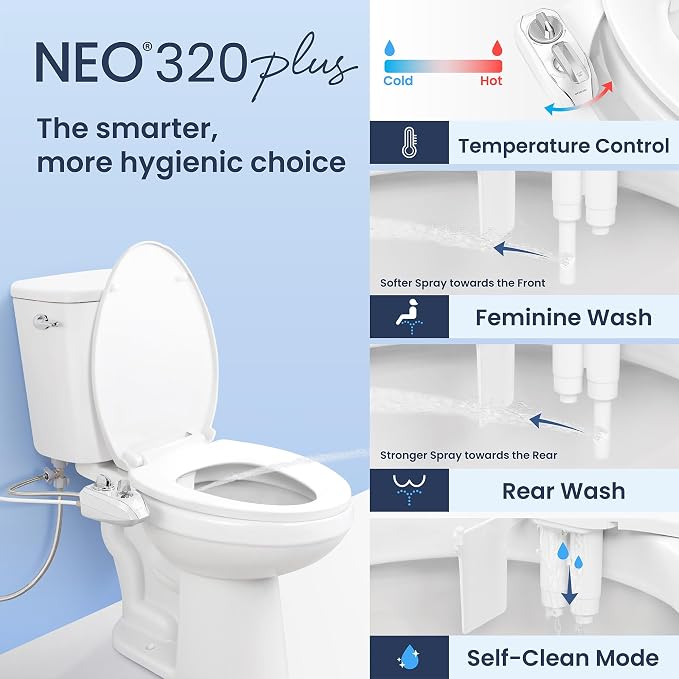 LUXE Bidet NEO 320 Plus - Warm Water, Dual Nozzle, Non-Electric Bidet Attachment for Toilet Seat, Patented Slide-In Install, 360° Self-Clean, EZ-Lift to Clean, Feminine & Rear Wash (Gold)