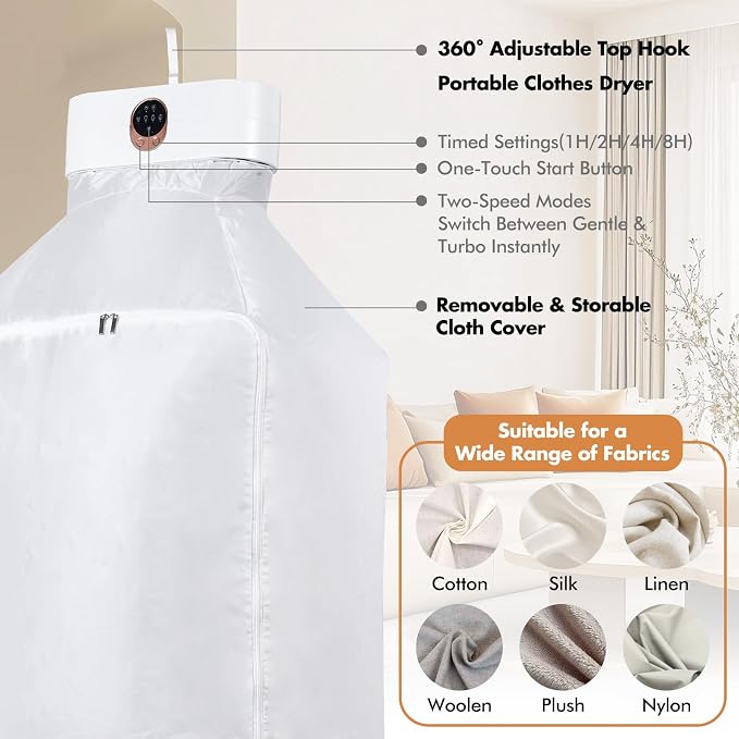 Hanging Portable Clothes Dryer, Mini & Compact Dryer | For Apartment, Dorms, RV&Travel, 4 Timer Settings (1H/2H/4H/8H), 167°F Constant Temperature