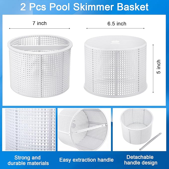 2 Pcs Pool Skimmer Basket with 1 Skimmer Handle and 1 Basket Hook Kit Compatible with Sp1082ca B-152 Automatic Skimmers, Compatible Sp1082 Sp1083 Sp1084 1085 1086 Sp1075 1075t(White)