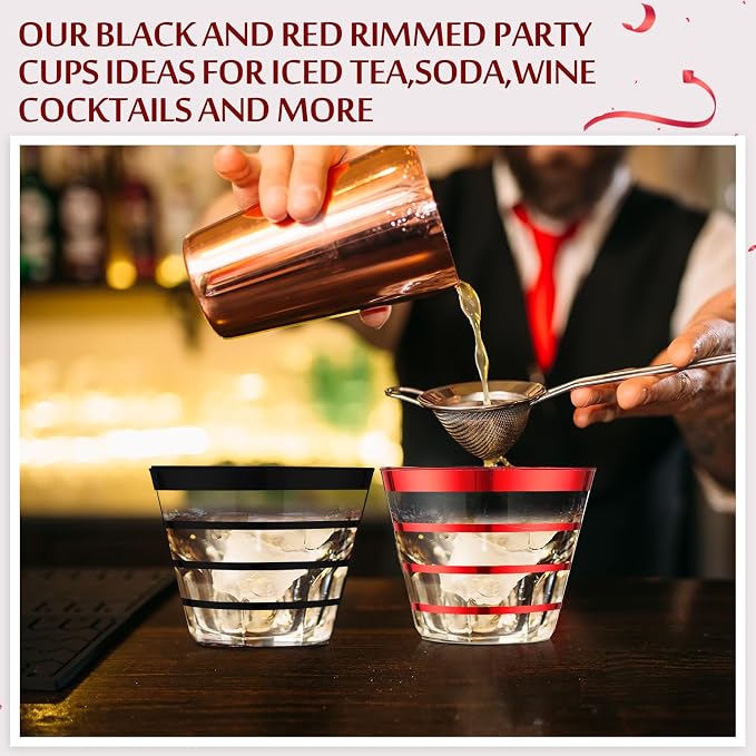Gejoy 9 oz 100pcs Casino Party Cup Rimmed Stripe Plastic Cups Bulk Disposable Wine Hard Plastic Drinking Cocktail Cups Tumblers for Wedding Gathering Party Supplies(Black, Red)