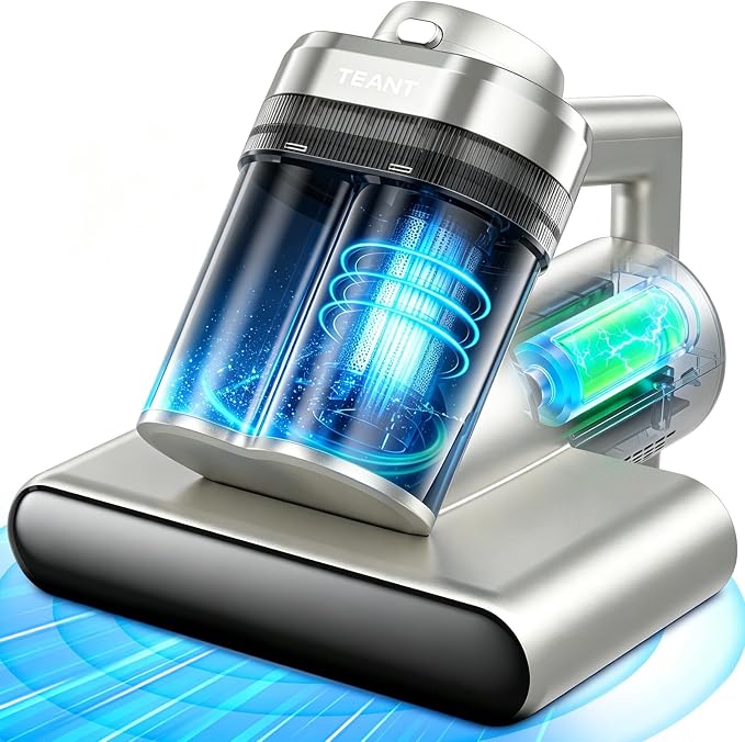 Teant Upgrade Cordless Mattress Vacuum with 18kPa Ultra-Deep Suction, 2-Speed Bed Vacuum with 33000 RPM/Min Roller Brush, 253.7nm UV-C Light & LED Display, 149℉ Heat, Aroma & Anion for Bed Sofa