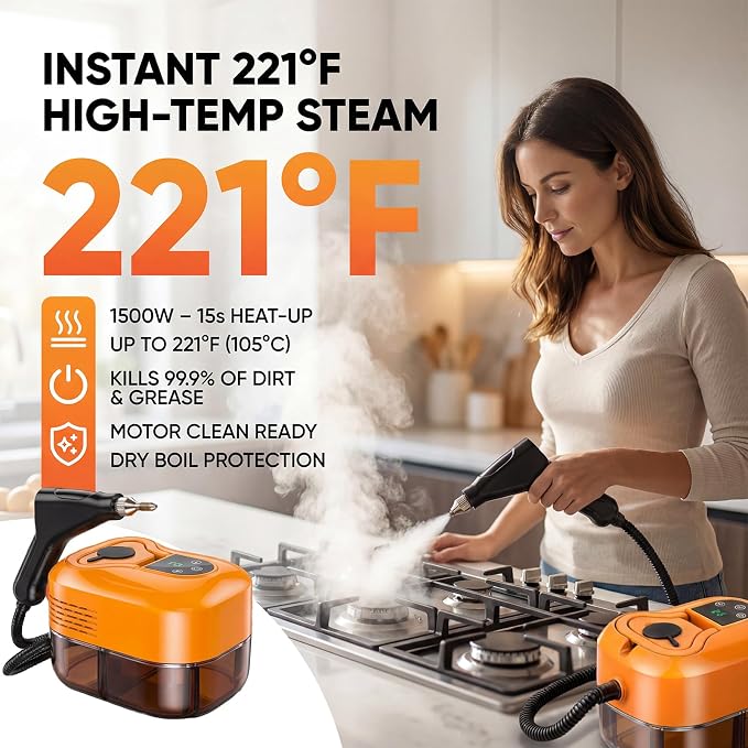 Handle High Pressure Steam Cleaner - Portable Steamer with 1.8L Water Tank, 15s Heat-Up, 6 Level Adjustable Steam Modes, Steam Cleaner for Home, Car Detailing, Dirt, Grease, Grout, Tile