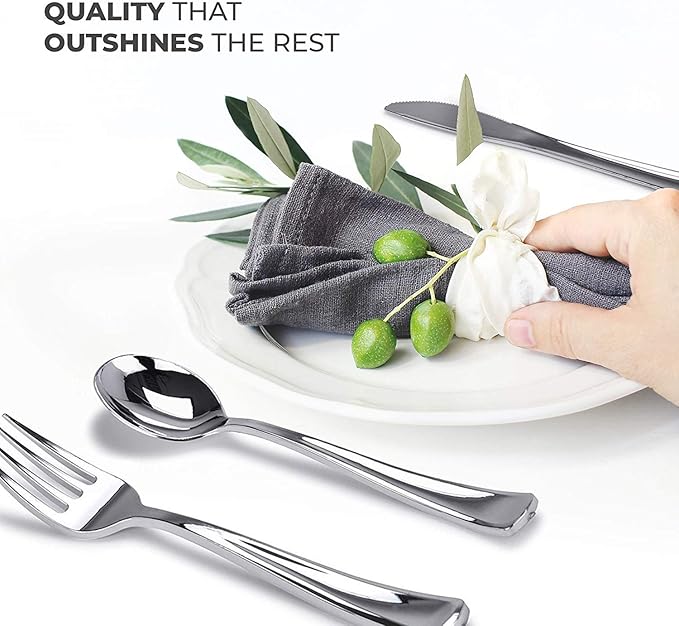 Silver Plastic Silverware Set (200-Pack) – Disposable Heavy Duty Cutlery, 67 Forks, 67 Knives, 67 Spoons for Parties, Weddings, Dinners & Holidays