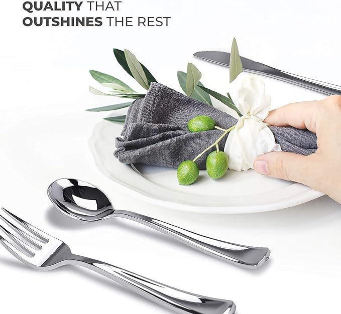 Stock Your Home Silver Plastic Cutlery Set 300 Pack Disposable Silverware Heavy Duty Plastic 100 Forks, 100 Knives, 100 Spoons for Catering Events, Parties, Dinners, Weddings, Receptions, Everyday Use